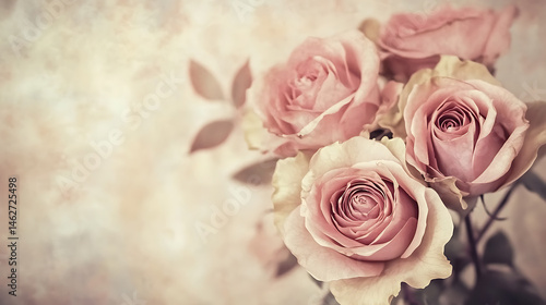A beautiful close up photograph of a bouquet of pink roses with soft lighting and a vintage background.
