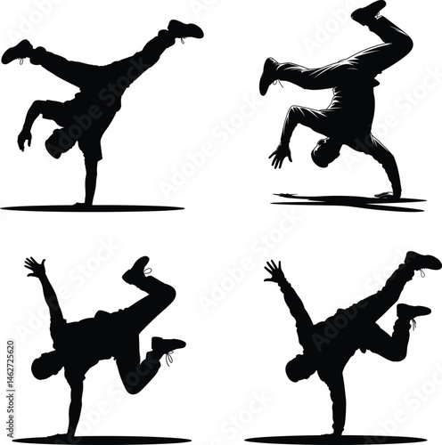 Set of Hip-Hop Dancer Silhouette in Breakdance Freeze Pose – One-Hand Balance Vector on White Background