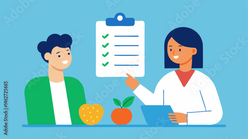 Patient Consultation A patient seated across from a nutritionist holding a clipboard with dietary notes while the nutritionist points to a chart highlighting personalized nutrition