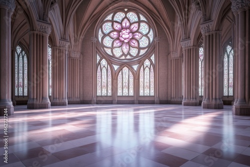 Grand hall with a large rose window  marble floor and tall columns  bathed in soft sunlight.