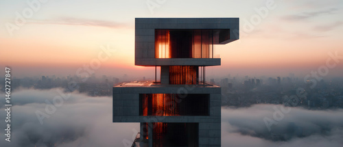 Wallpaper Mural Striking brutalist skyscraper emerges from a cloudscape at dawn or dusk its glass facades reflecting a vibrant orange light perfect for architectural design inspiration or dramatic urban visuals Torontodigital.ca