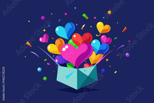 Colorful Heart Balloons Exploding from Gift Box Surprise.