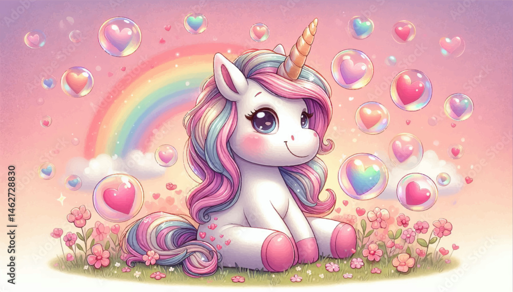 Naklejka premium A cute unicorn sitting on a lawn with pink flowers, around which soap bubbles with hearts are flying on a pink background with a rainbow. A greeting card. Vector graphics. EPS.