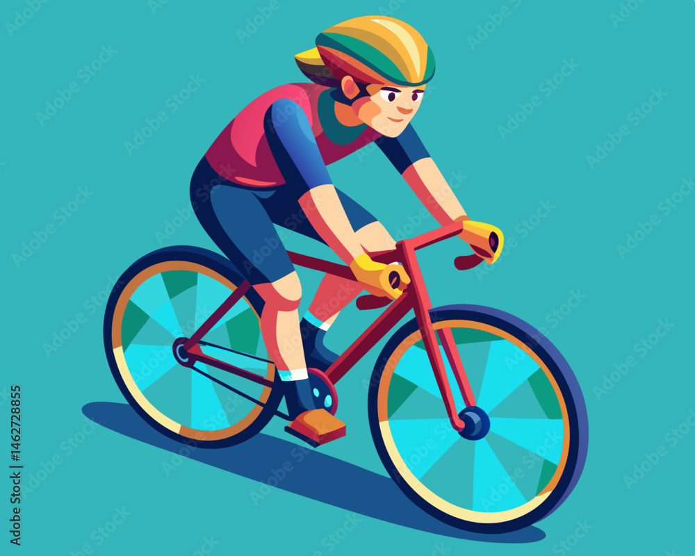 Cyclist Riding a Red Bicycle on a Teal Background. Cyclist Riding a Red Bicycle on a Teal Background.