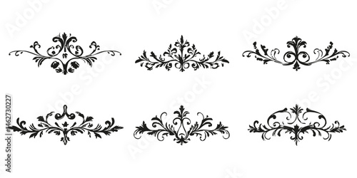 Ornate Floral Design Elements Silhouette Set. Elegant Decorative Flourishes For Invitations And Crafts. Isolated Vector Illustration Collection