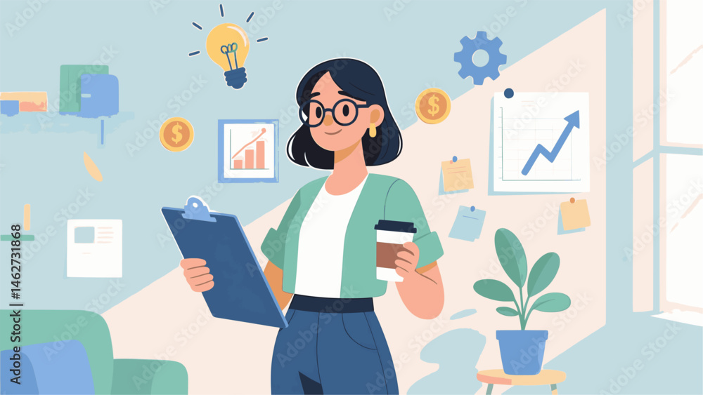 Vector of a confident modern woman wearing stylish glasses, designed in a clean flat style. perfect for branding, editorial, or merch use. Vector of a confident modern woman wearing stylish glasses, designed in a clean flat style. perfect for branding, editorial, or merch use.