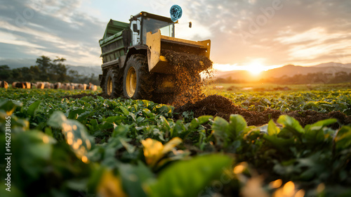 Wallpaper Mural A vibrant agricultural scene with a tractor spreading vital nutrients over a lush green field at dawn or dusk capturing the essence of modern farming technology and sustainable growth perfect for agri Torontodigital.ca