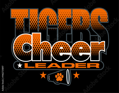 cheerleader design with megaphone, tigers and paw print for school, college or league sports