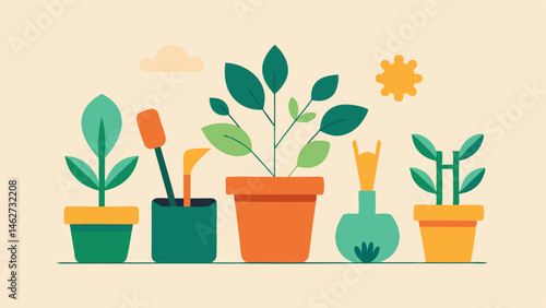 Gardening and Plants A serene illustration of gardening tools and various plants in pots promoting the idea of nurturing the earth through sustainable practices.