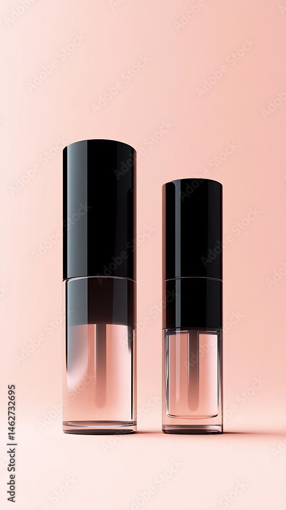 Two elegant glass cosmetic bottles with black caps on a soft pink background, showcasing beauty products Two elegant glass cosmetic bottles with black caps on a soft pink background, showcasing beauty products