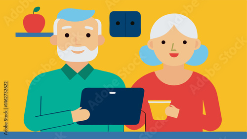 Inquisitive Shopper A pair of senior citizens a man and a woman are looking at a tablet together smiling as they discover a sale on kitchen gadgets.