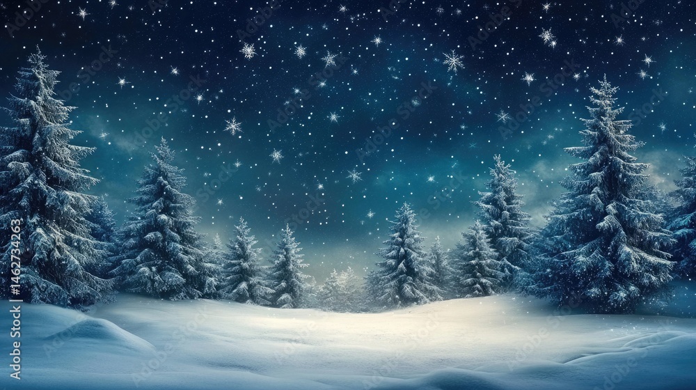Fototapeta premium Snowy Fir Trees Against Dark Blue Night Sky with Sparkling Snowflakes Landscape