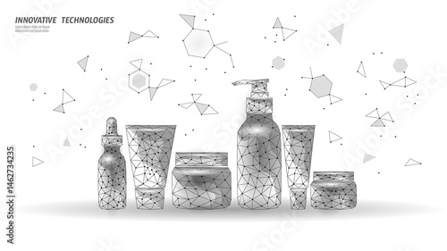 Polygonal cosmetics product line illustration. Contains cream, lotion, serum, and other beauty containers. Skincare, beauty tech, and online shop. Low poly digital art white background