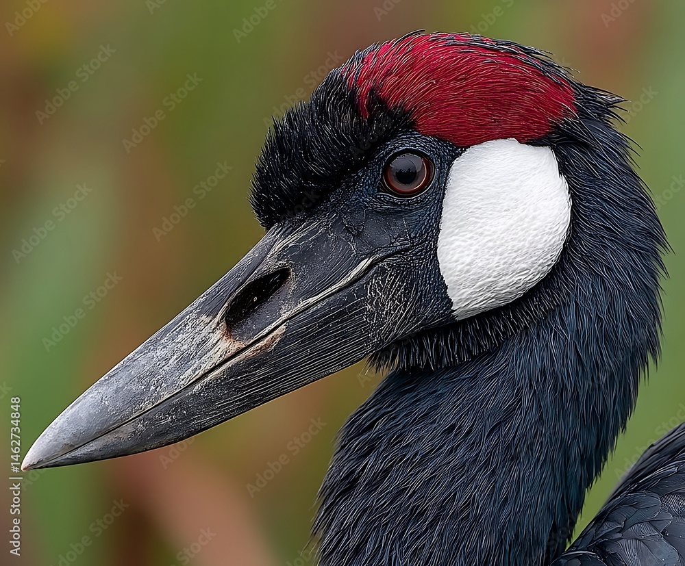 Fototapeta premium A bird has dark feathers, a red head, and a white area on its face.