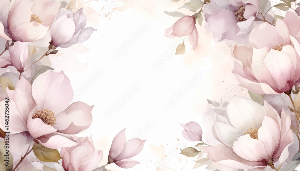 Fototapeta premium Abstract border frame of flowers painting with spring flowers magnolias background graphic resource