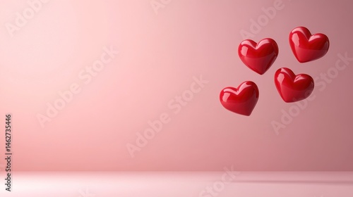 Floating red hearts minimalist design soft pink background romantic theme