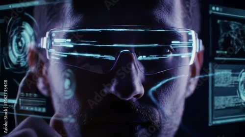 Wallpaper Mural Futuristic caucasian man wearing high-tech neon smart virtual reality glasses in a dark room. concept of advanced technology, innovation, virtual reality, digital future, sci-fi aesthetics Torontodigital.ca