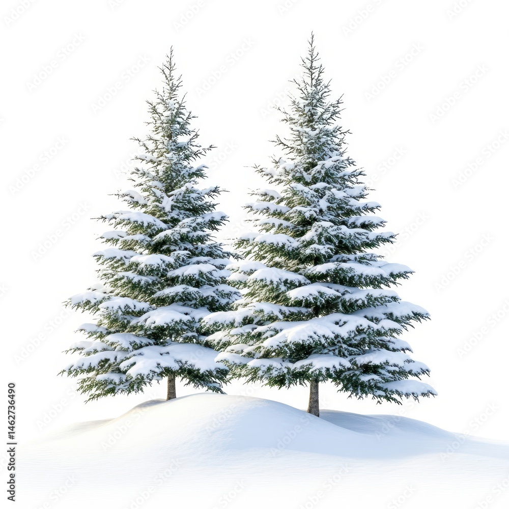 Fototapeta premium Two snow-covered pine trees on a snowy hill