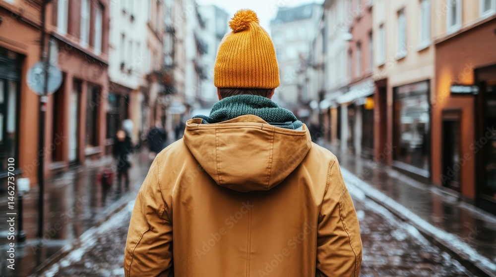 Naklejka premium A lone figure dressed warmly in a yellow hat strolls through a picturesque rainy street, evoking a sense of solitude and contemplation in a charming urban setting.