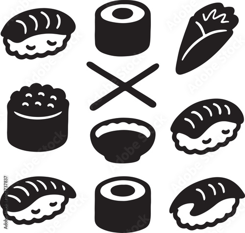 whimsical style hand drawn sushi icon silhouette collection vector illustration