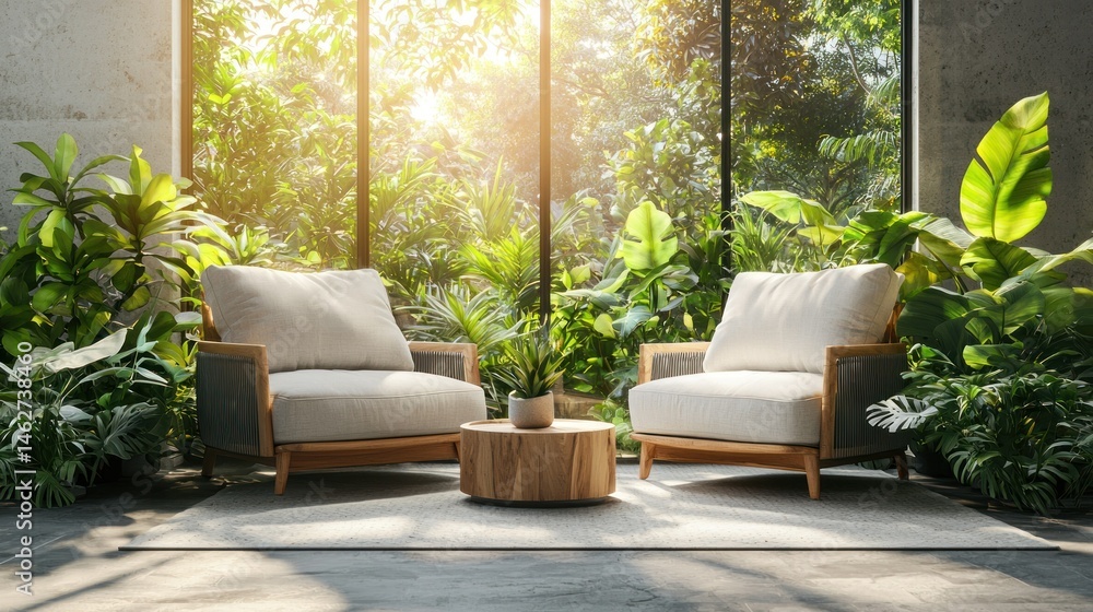 Serene indoor seating area surrounded by lush greenery Serene indoor seating area surrounded by lush greenery