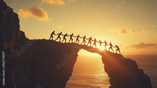 Team effort across a natural rock arch at sunset.  Silhouettes of many people linked hands and crossing a bridge