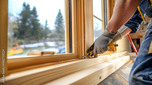 Carpenter Installing a Wooden Window Frame