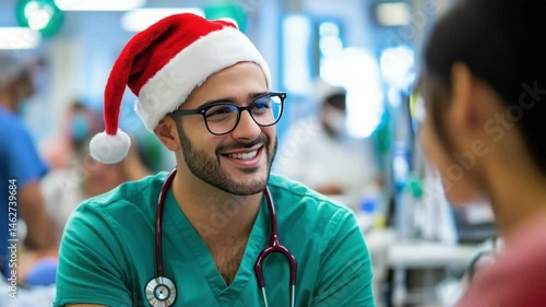 A smiling doctor in a Santa hat, spreading holiday cheer in a medical setting.