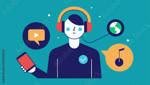 MultiSensory Navigation A graphic showing a person with headphones receiving audio directions while holding a tactile device illustrating multisensory wayfinding.