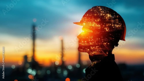 Silhouette of worker with industrial skyline reflected in helmet at sunset.