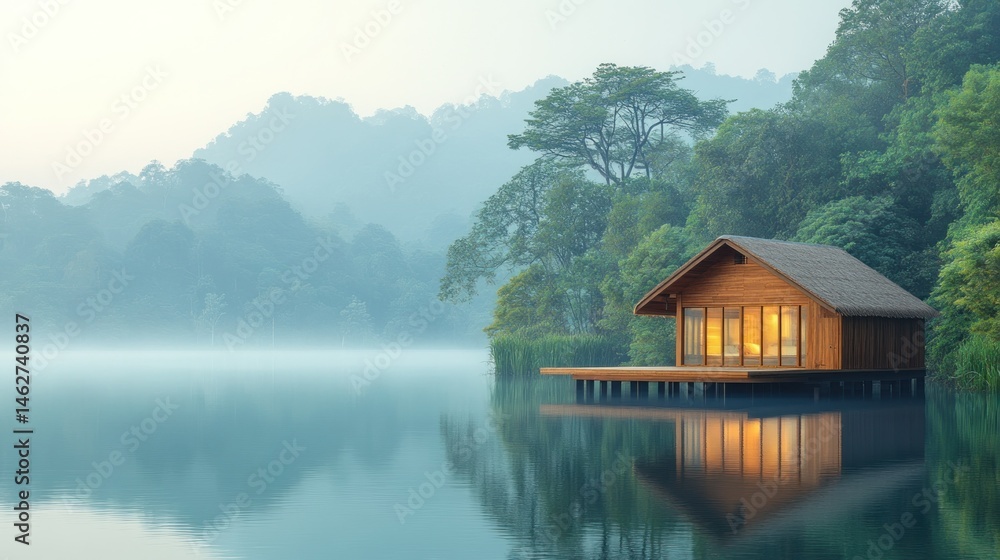 Fototapeta premium Wooden cabin on serene lake, misty mountains