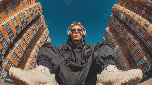 Stylish Caucasian man wearing sunglasses in urban high-rise background
