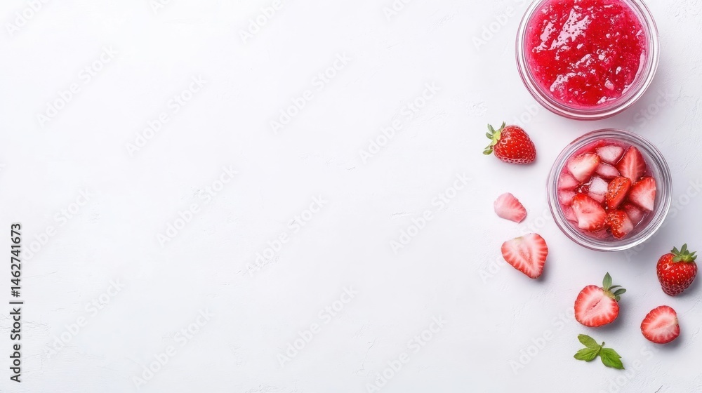 Fototapeta premium Fresh strawberries and homemade strawberry jam overhead view