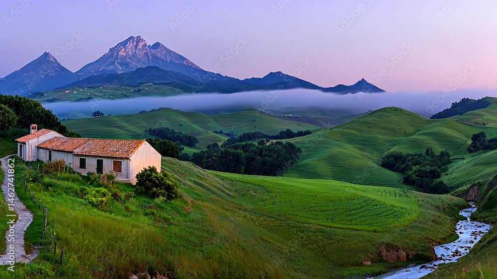 Rural landscape with mountains and a small house. Rural landscape with mountains and a small house.