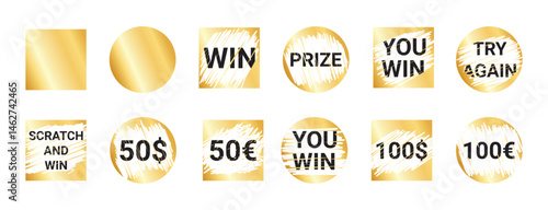 Card lottery winning text pack - scratched gold foil distressed stamp silhouettes. Lucky chance slogans grainy smeared badges. Promotional special offer retro round stencils.