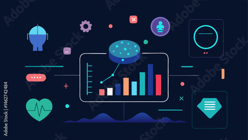 Future Health Trends A futuristic holographic display showing potential health trends with graphs and predictive metrics overlaid with AI icons.