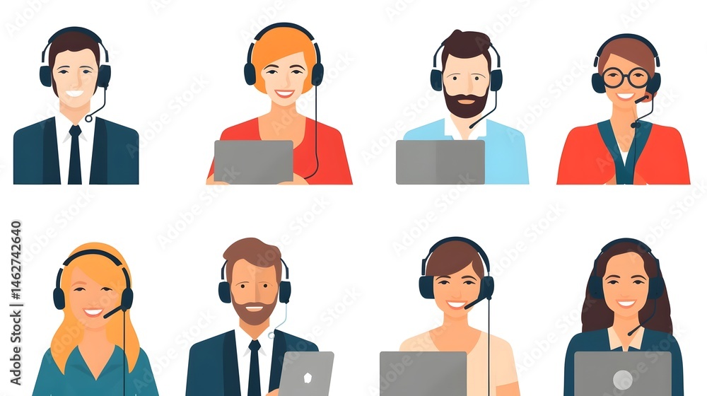 Professional call center customer service hotline operators in a flat design concept Professional call center customer service hotline operators in a flat design concept