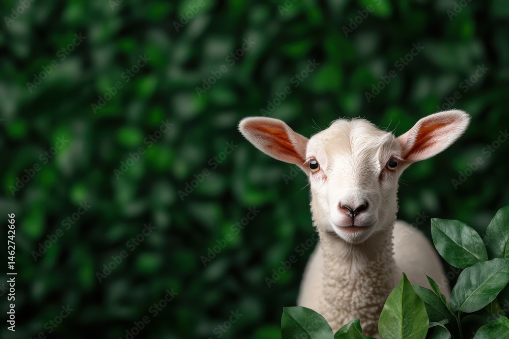 Fototapeta premium Cute young lamb peeks through green foliage with curious expression in a lush setting