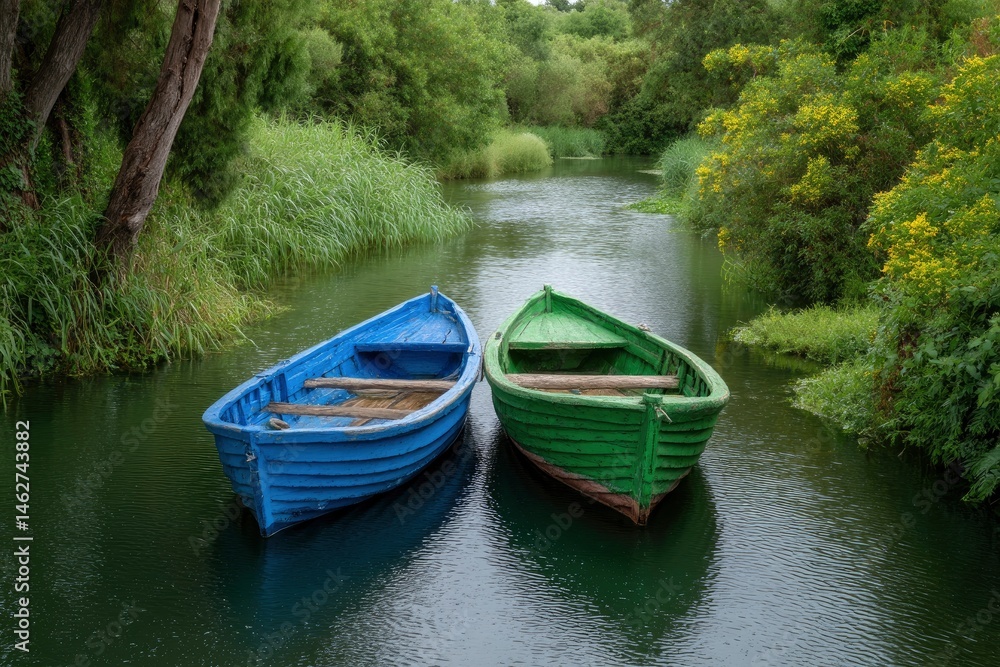 Obraz premium Serene River Scene: Two Rustic Boats in Lush Greenery