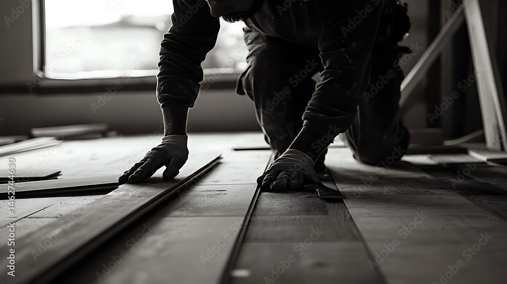 Fototapeta premium Construction Worker Installing Wooden Flooring