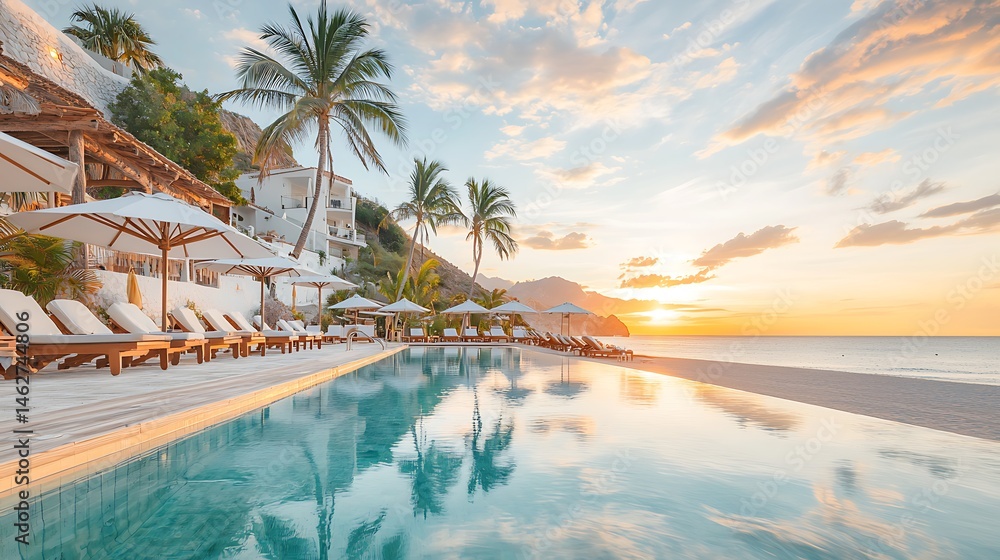 Obraz premium Tropical resort poolside sunset view