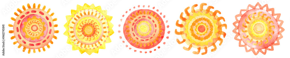 Set of watercolor suns. Summer watercolor design element.
