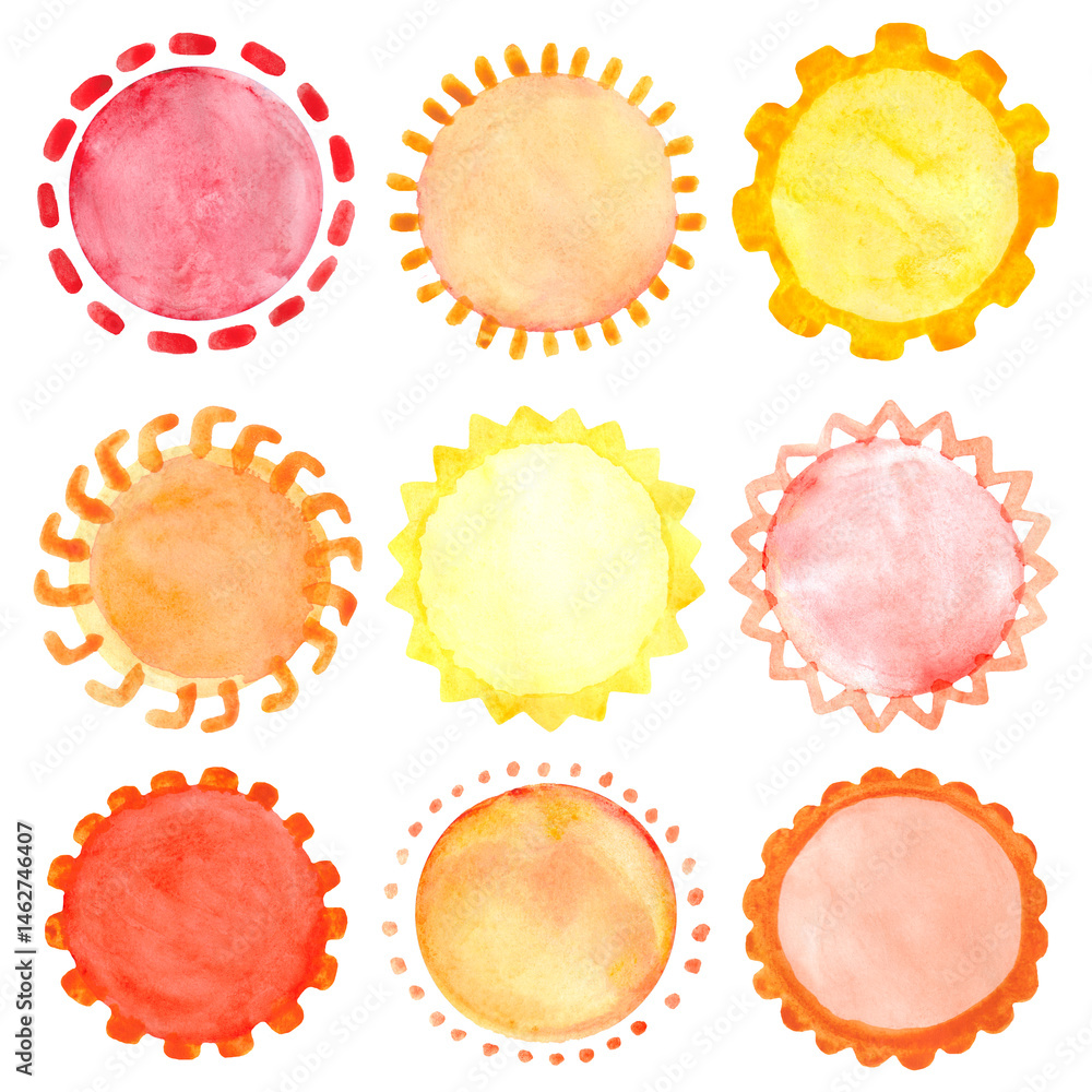 Set of watercolor suns. Summer watercolor design element.