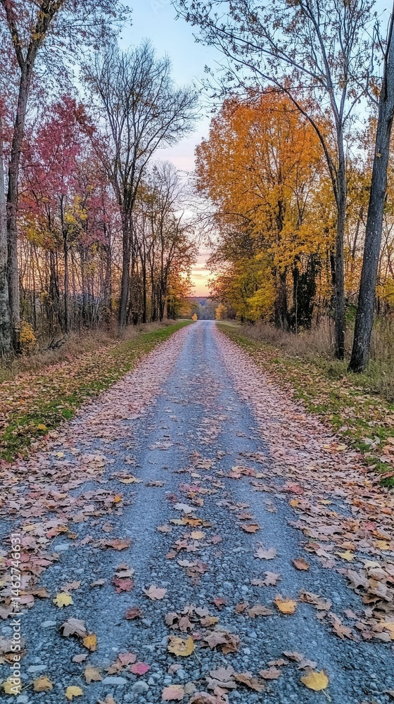 Fototapeta premium Autumn leaves cover path through colorful trees.