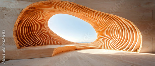 Wallpaper Mural A stunning sculptural wooden structure with a large elliptical opening frames a serene ocean view. Ideal for modern architectural inspiration or nature-inspired design. Torontodigital.ca