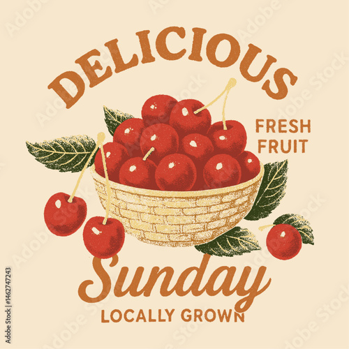 cherry fruit in the basket. fresh fruit design in vintage retro. summer food graphics. vintage t-shirt design.