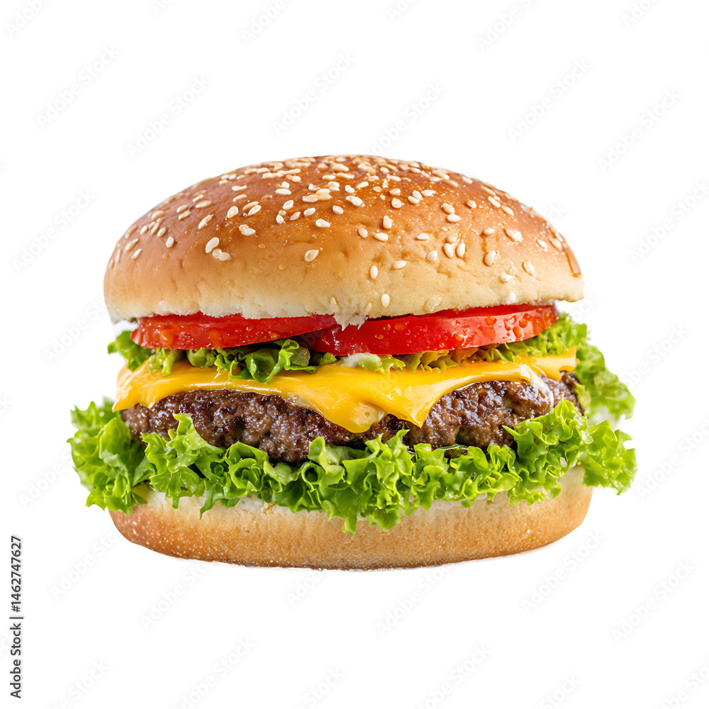 A delicious cheeseburger with lettuce, tomato, and melted cheese A delicious cheeseburger with lettuce, tomato, and melted cheese