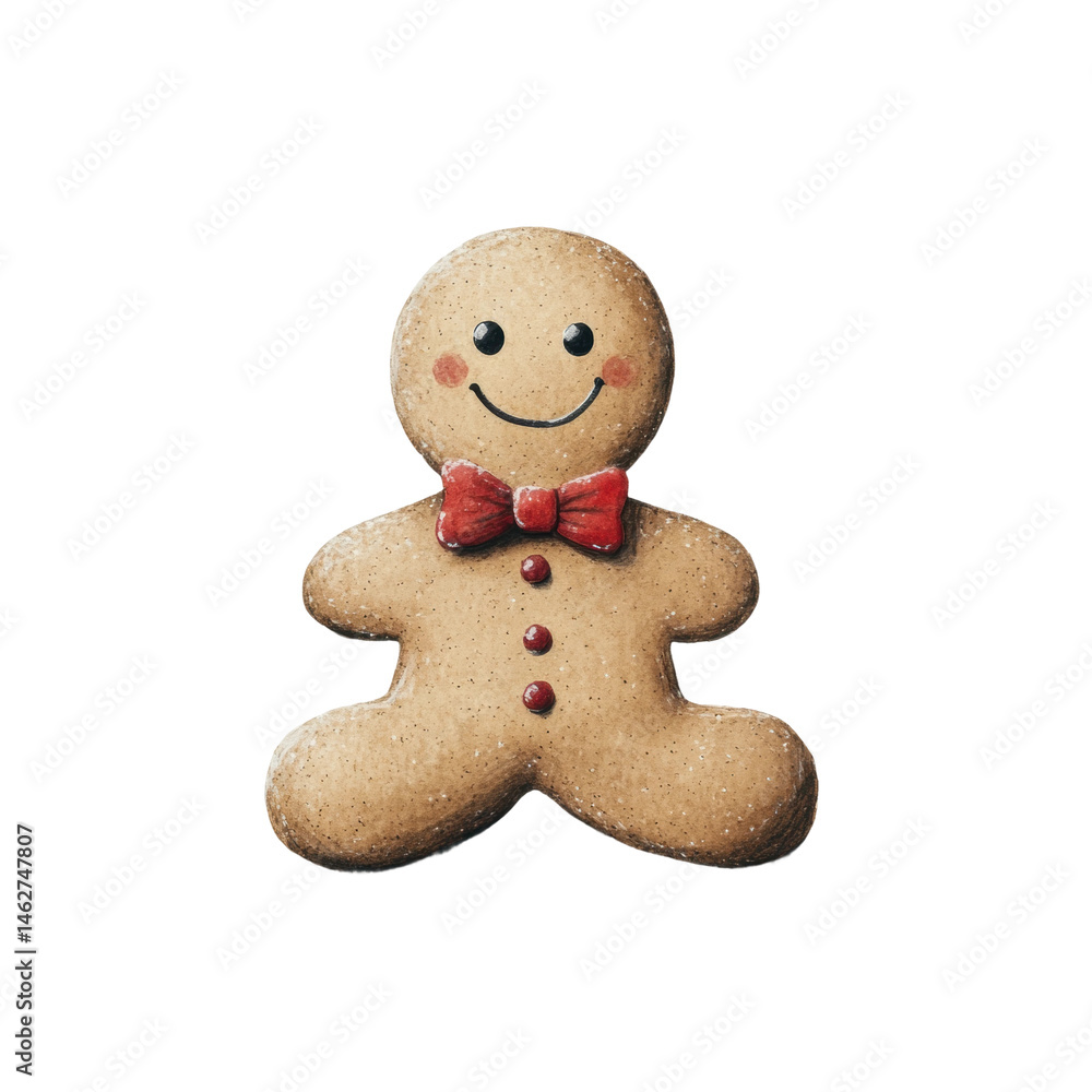 Smiling gingerbread cookie with red bow tie and buttons, cut out - stock png. Smiling gingerbread cookie with red bow tie and buttons, cut out - stock png.