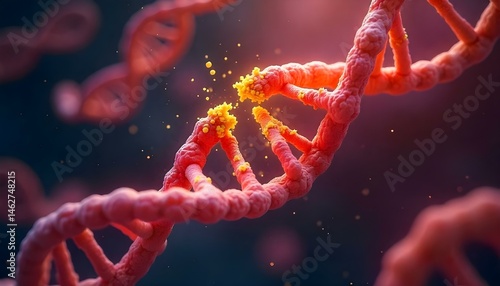 Microscope-Style 3D Concept Render of Broken Red-Orange DNA Double Helix with Floating Yellow Nucleotide Fragments Illustrating Genetic Mutation