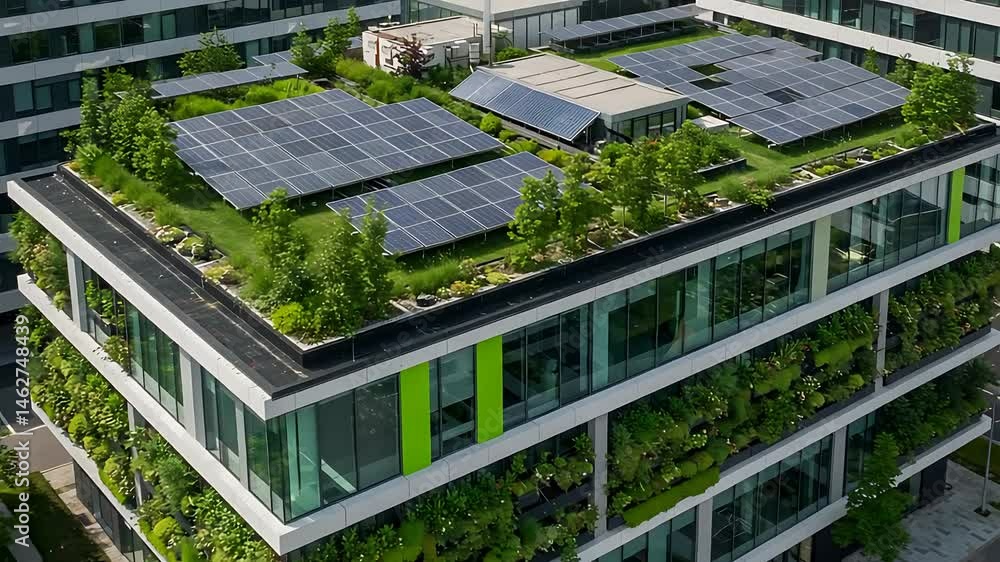 Modern eco-friendly building with solar panels and greenery on rooftop in urban setting Modern eco-friendly building with solar panels and greenery on rooftop in urban setting